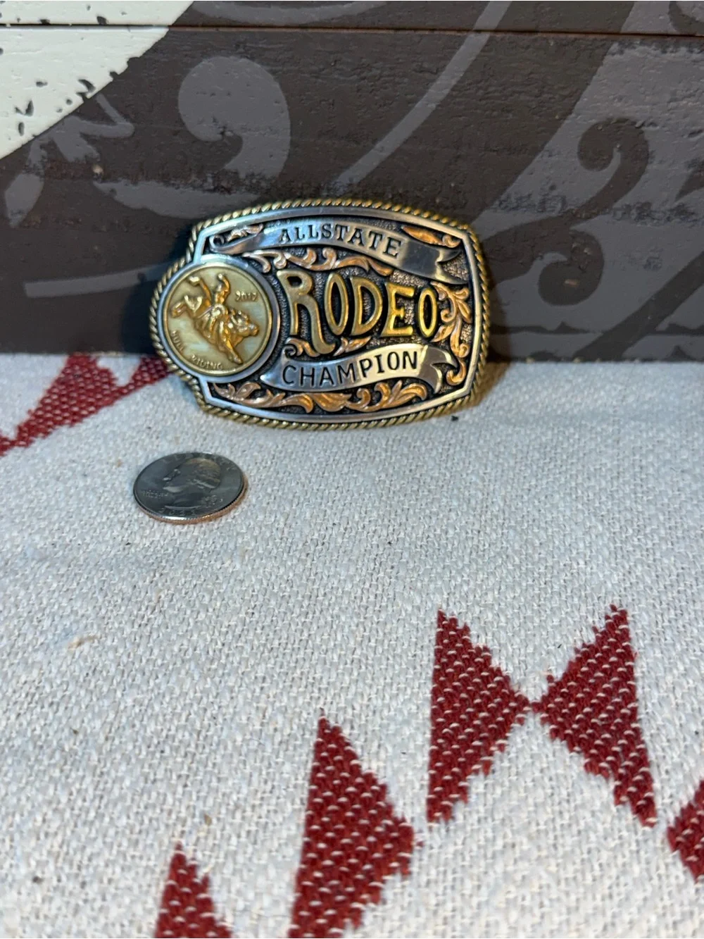 Allstate Rodeo Champion Western Belt Buckle Bull Riding Silver Gold Tone